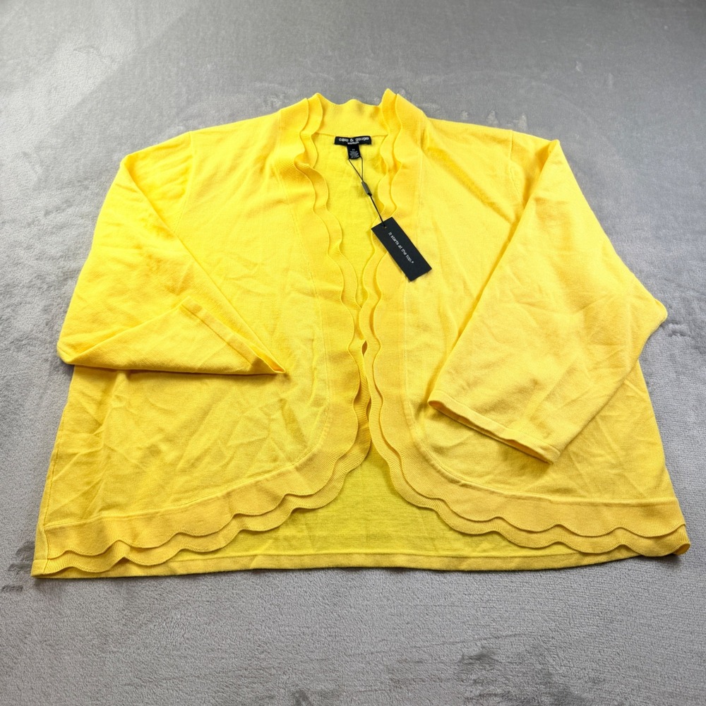 Cable & Gauge Women's 2X Yellow Scalloped Trim Open Front Cardigan Sweater NWT